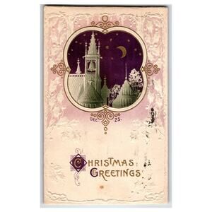 Vintage Embossed Christmas Greetings Postcard with Church Bell Scene